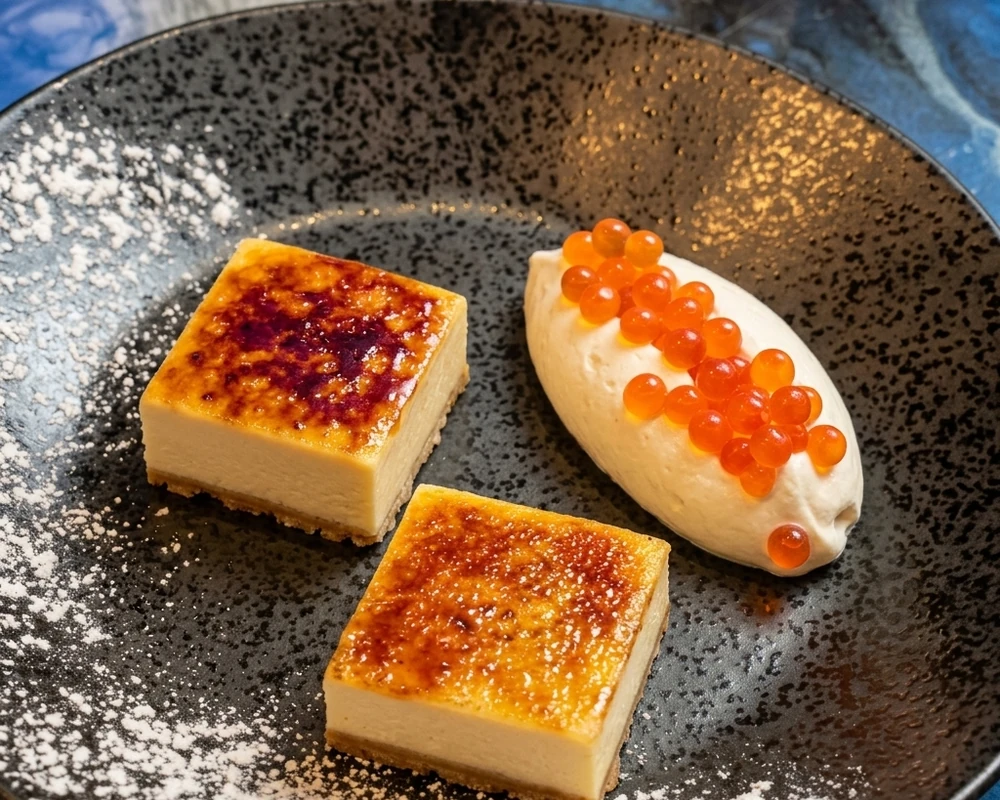 Creme brulee cheesecake with strawberry cream at Binge Pizza, Calgary