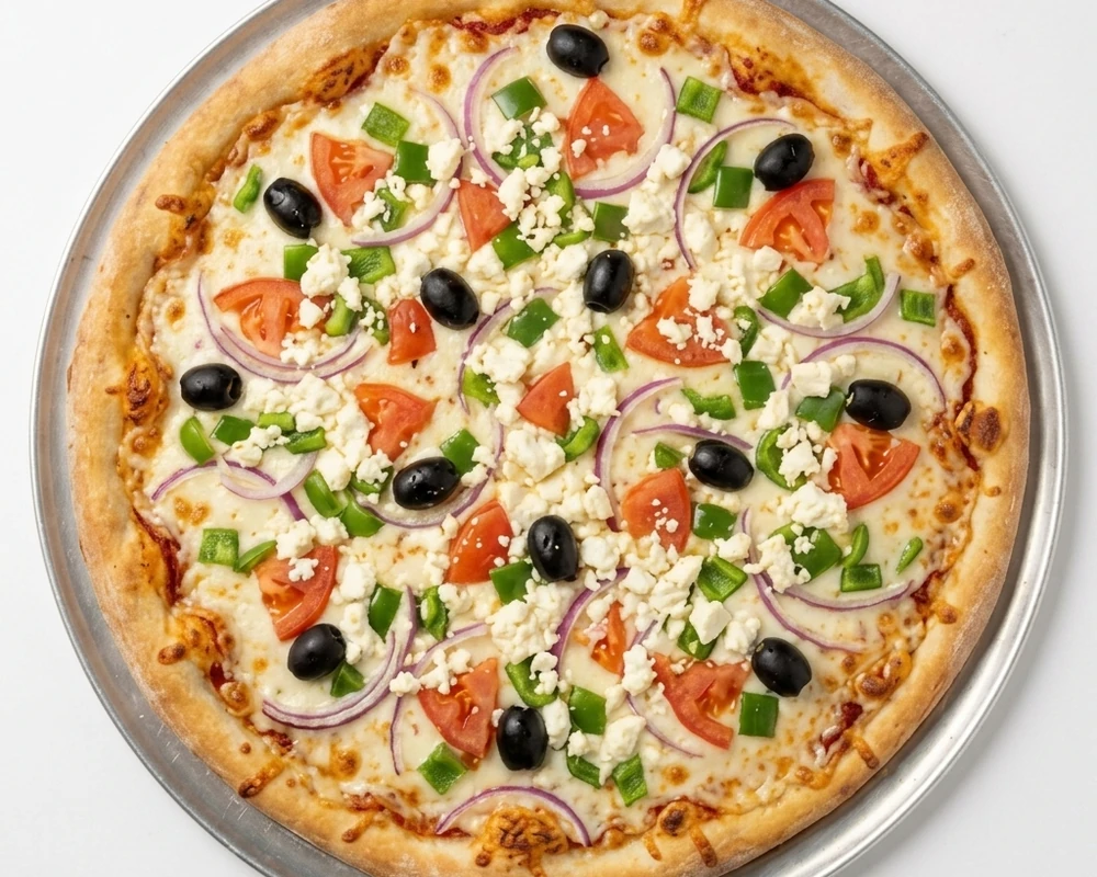 Greek pizza with feta, kalamata olives and red onion at Binge Pizza, Calgary