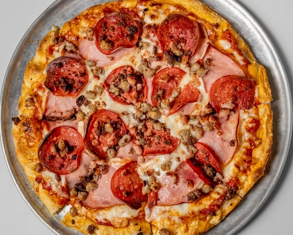 Meat lovers pizza with multiple meat toppings from Binge Pizza in southeast Calgary